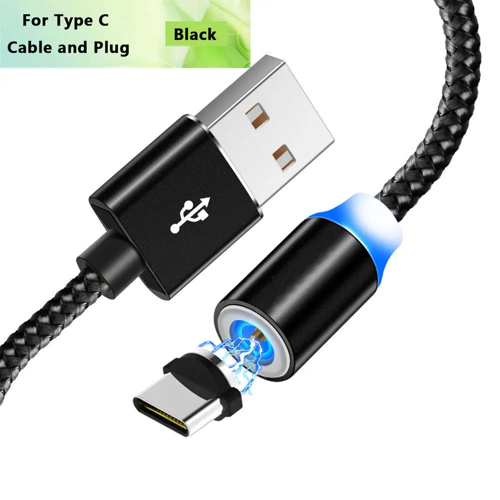 Светодиодный кабель с магнитной оплеткой типа C Micro USB Магнитные usb кабели для зарядки Apple iPhone XR XS Max X 7 8 6 samsung S9 S10 шнур - Цвет: Black For Type C