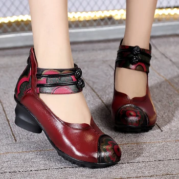 

SONDR red ladies sandals block heel shoes woman sandalias de verano para mujer platform retro ethnic totem genuine leather shoe