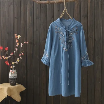 

KYQIAO women denim shirt 2020 mori girls autumn spring Japanese style chic ethnic mandarin collar embroidery blue denim blouse