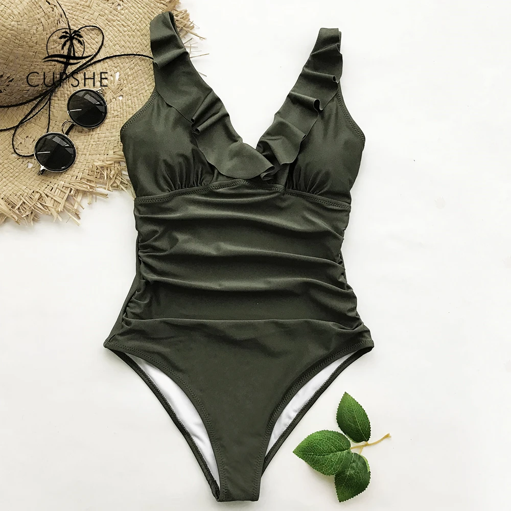 Billig CUPSHE Armee Grün Rüschen One piece Bademode Frauen V ausschnitt Falbala Solide Monokini 2020 Mädchen Strand Plain Badeanzug Badeanzug