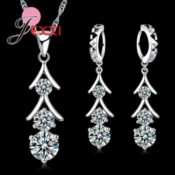 

Top Quality 925 Sterling Silver Cubic Zirconia Tassel Drop Necklace Crystal Earrings Jewelry Set Bride Wedding Accessories