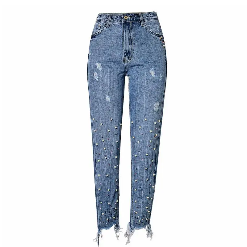 

Winter Korean Vintage Pearl Mom Jeans Tassel High Waist Jeans Woman Denim Pants Ripped Boyfriend Jeans For Women Plus Size