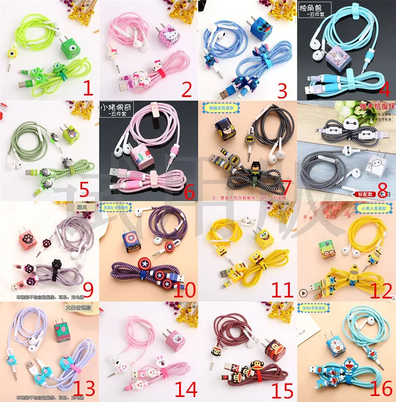 

100 sets Cartoon USB Cable Earphone Protector Set With Cable Winder Stickers Spiral Cord Protector For iphone 5 6 6s 7plus 8