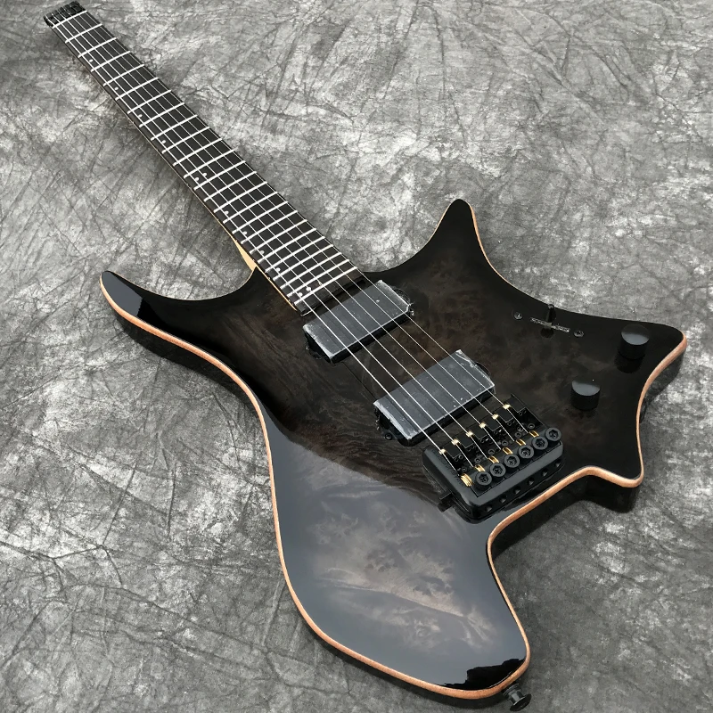 

Grote New Style 24Frets Headless Electric Guitar with Burl wood top, Gloss finish, Black Hardware, High quality Guitarra
