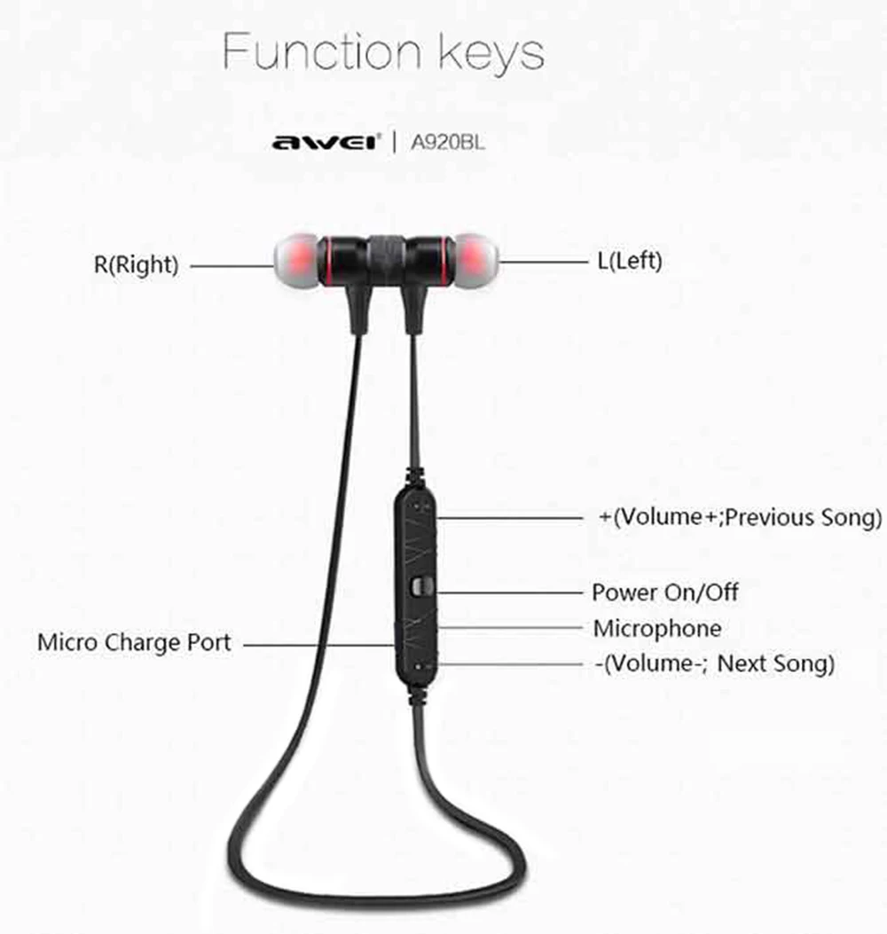 Наушники-вкладыши Awei A920BL Смарт Беспроводной Спортивные наушники Bluetooth 4,0 спортивные стерео наушники-вкладыши Наушники управление голосом Шум снижение с Microph