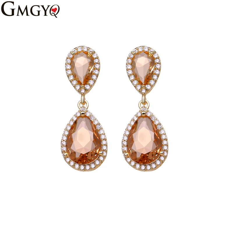 GMGYQ Двойные серьги в форме капель воды с цирконием Сверкающее циркониевое острое Goud Kleur Lange висячие серьги Oorbellen Voor Vrouwen