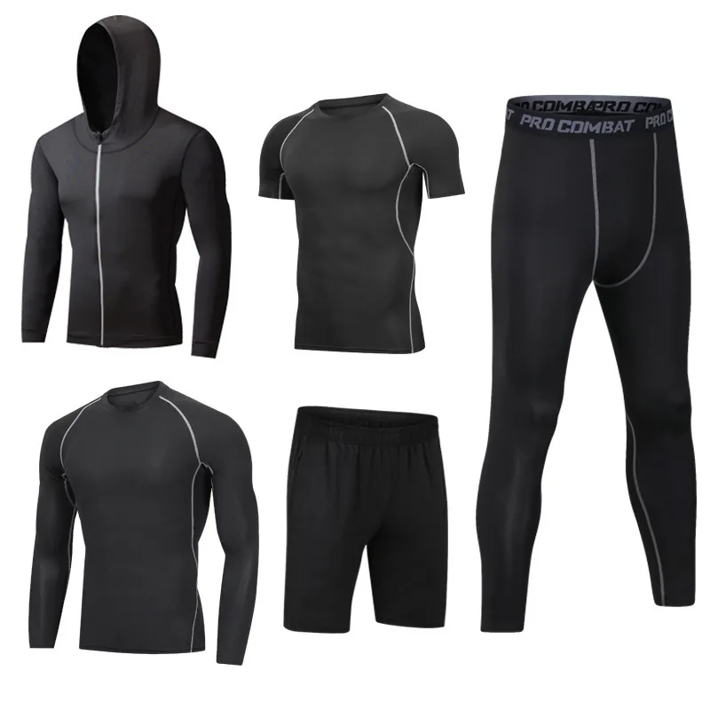 

5 Five Pieces Mens Sport Suit Summer Clothes Yoga Sets Running T Shirt+ Tee+ Coat Jacket + Shorts + Pants Legging jogging suit