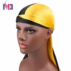 Новая мода Для мужчин Шелковый пэчворк Durags двойной Цвета мягкие атласные Durag банданы тюрбан Головные уборы оголовье шляпа аксессуары для