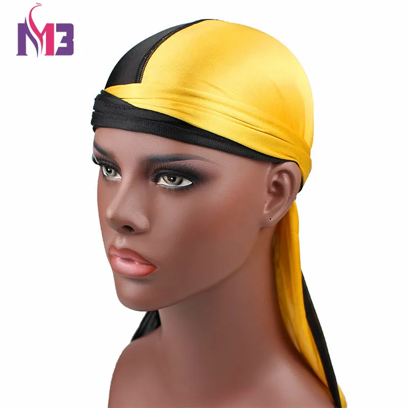 Новая мода Для мужчин Шелковый пэчворк Durags двойной Цвета мягкие атласные Durag банданы тюрбан Головные уборы оголовье шляпа аксессуары для волос - изображение