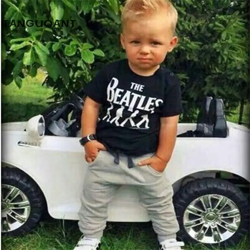 TANGUOANT New 2017 Baby Boy clothes 2pcs Short Sleeve T-shirt Tops +Pants Outfit Clothing Set Suit with The band printed