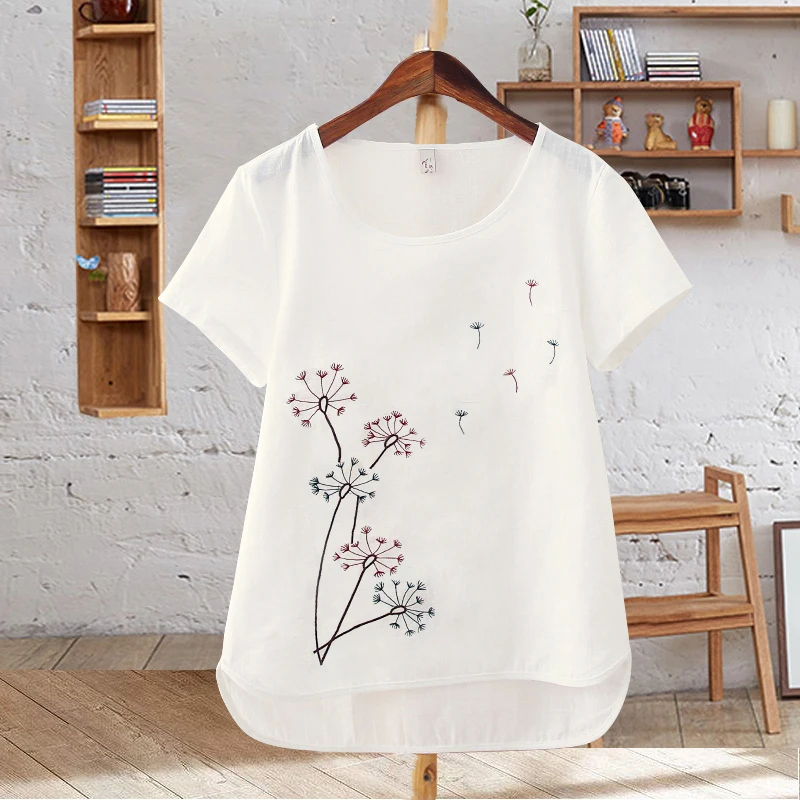 

Harajuku Summer Women Tops Cotton T-shirt Embroidered Flowers Short Sleeve White T-shirt Plus Size T Shirts Female Casual Top