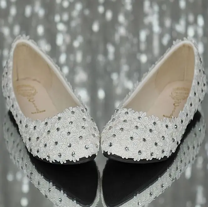 

Lace flats shoes for women, white flowers silver bling rhinestones bridal flat heel shoes white, girl ladies plus size shoes