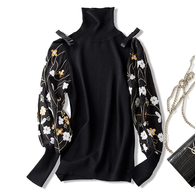 2018 new wool elastic turtle neck embroidery lantern sleeve sweater high quality office lady women autumn pullover sweater