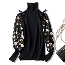 2018 new wool elastic turtle neck embroidery lantern sleeve sweater high quality office lady women autumn pullover sweater