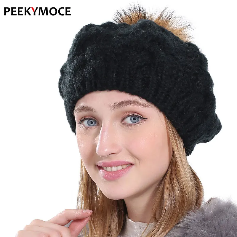 

Peekymoce Women beret hats female winter knitted rabbit hair beret natural raccoon fox fur pompom hat solid color beret cap
