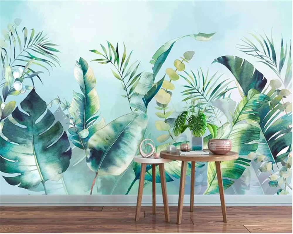 

beibehang wallpaper for walls 3 d Nordic hand painted watercolor tropical rainforest Leaves forest TV background wall wallpaper