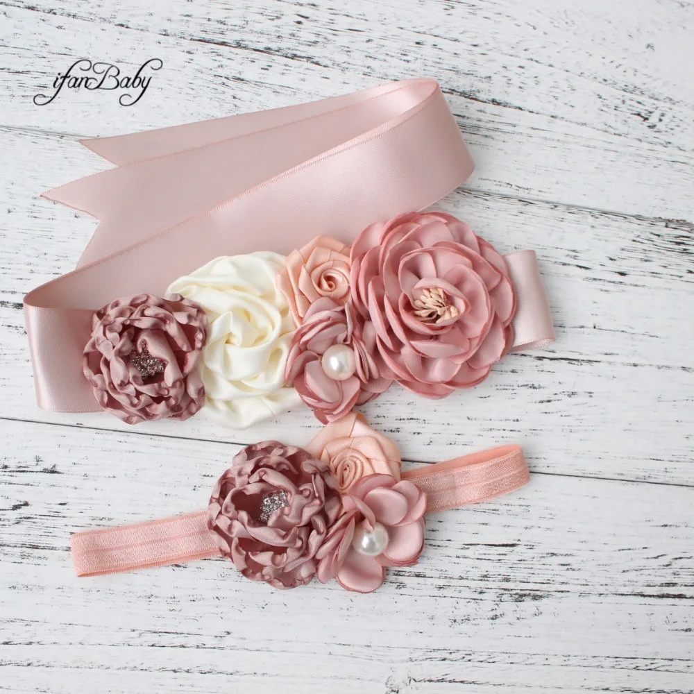Fashion Burn flower Belt Girl Woman Sash Belt Wedding Sashes belt with flower headband 1 SET ladies designer belts