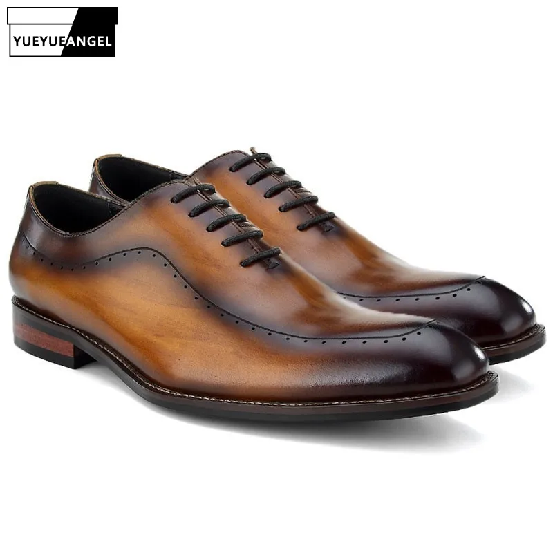 

New Designer Mens Pointed Toe Office Work Formal Shoes Wedding Party Brogue Lace Up Oxfords Luxury Genuine Leather Dress Shoes