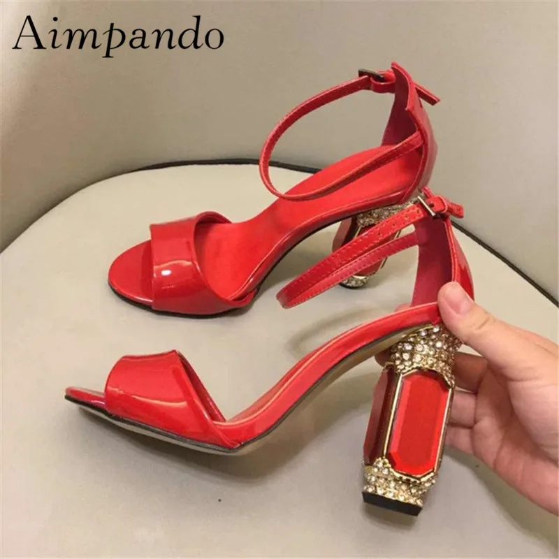 

Luxury Red Diamond Gladiator Sandals Women Jewelled Chunky Heel Peep Toe Ankle Strap Real Leather Summer Sandalias Party Shoes
