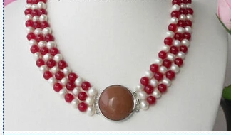 

Vogue 3strands 8mm red jade white Pearl Necklace NEW