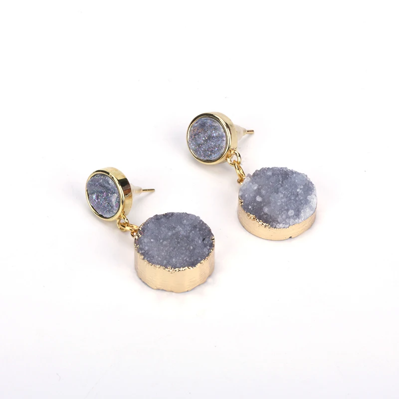 

Natural Grey Druzy Semi Precious Stone With Pure Gold Color Frame Pendant Charm Studs Top Dangle Earrings For Women Brincos