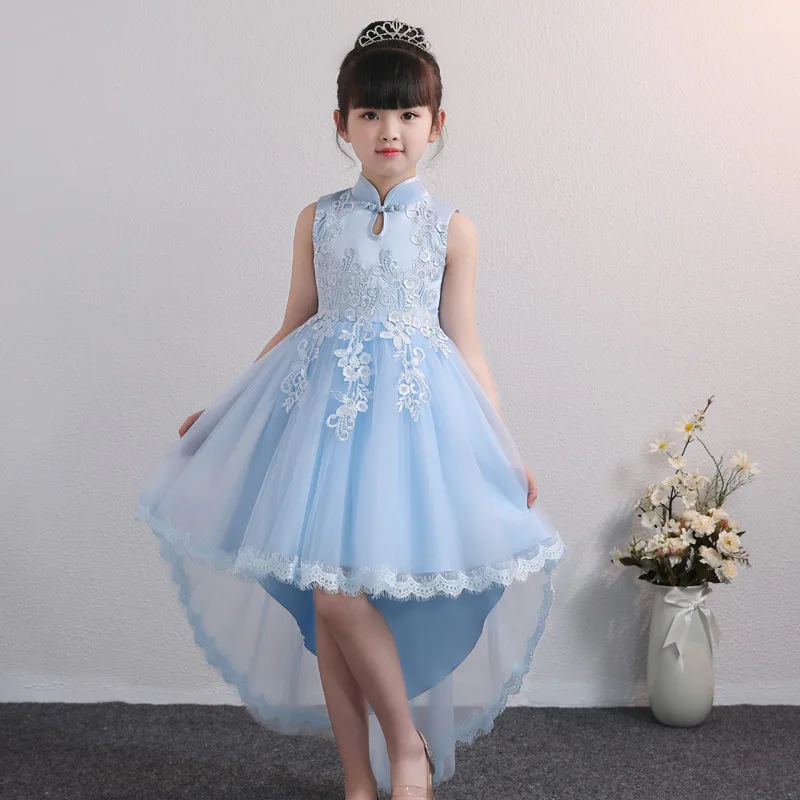 Высококачественное Новое Кружевное шелковое платье принцессы для маленьких девочек на свадьбу; вечерние платья для малышей; детская одежда со шлейфом - Цвет: as picture