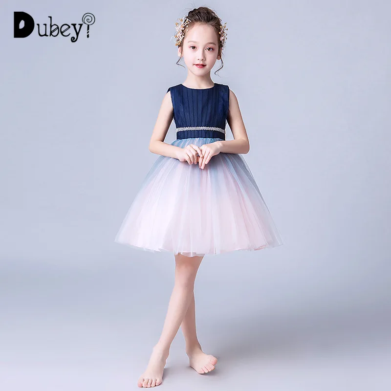 

New Royal Blue Pink Patchwork Sleeveless Princess Dress with Beading Elegant Girl Party Dress Kids Pleated Sundress