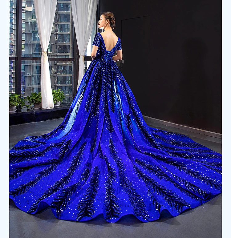 2 Piece Royal Blue Dubai Saudi Arabia Luxury Sequined Sparkle Mermaid Evening Dresses Short Sleeve Beading Evening Gowns Kaftan