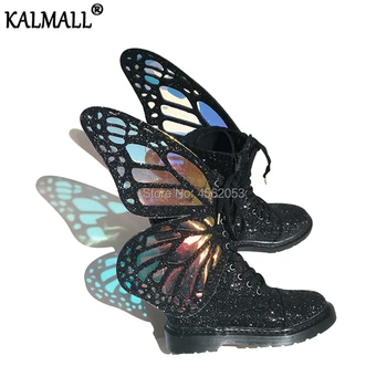 

KALMALL Luxury Laser Magic Color Removable Butterfly Wings Boots Women Cross Tied Side Zipper Runway Fashion Shoes Rubber Flats