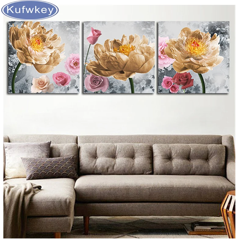 

DIY 5D Full Diamonds Embroidery Flowers triptych Diamond Painting Cross Stitch Kits lotus Diamond Mosaic Home Decoration