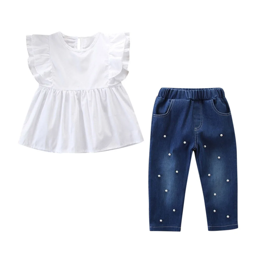 

Toddler Kids Baby Girls Outfits Solid T-shirt Tops+Pearl Denim Pants Jeans Set Baby Girls Summer Clothes 2019 2pcs Tops Pants
