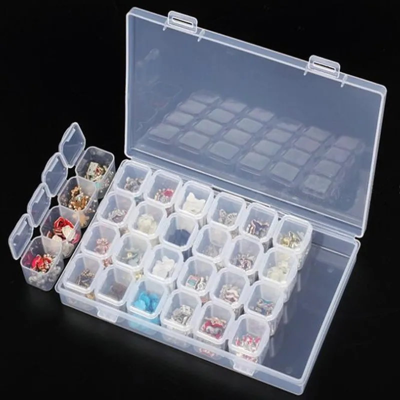 

Funique 28 Slots Nail Art Storage Box Plastic Transparent Display Case Organizer Holder For Rhinestone Beads Ring Earrings