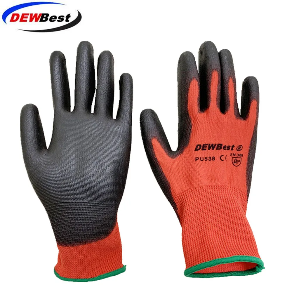 

DEWBest guantes trabajo CE Certificated EN388 Red Polyester Black PU Work Safety Gloves Mechanic Working Gloves