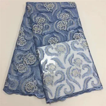 

Fashion African French Lace Fabric 2019 High Quality Lace Material Sky Blue Orange Nigerian Lace Fabrics With Beads And Stones