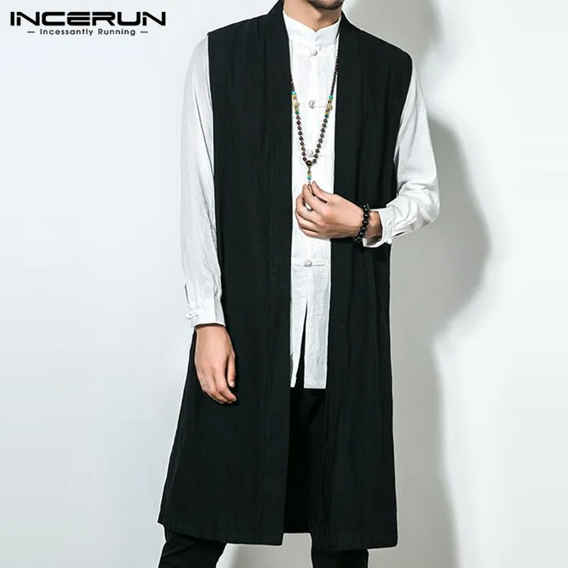 

5XL Mens Long Trench Sleeveless Front Open Casual Solid Loose Retro Chinese Cotton Linen Vintage 2019 Autumn Male Jackets Coats