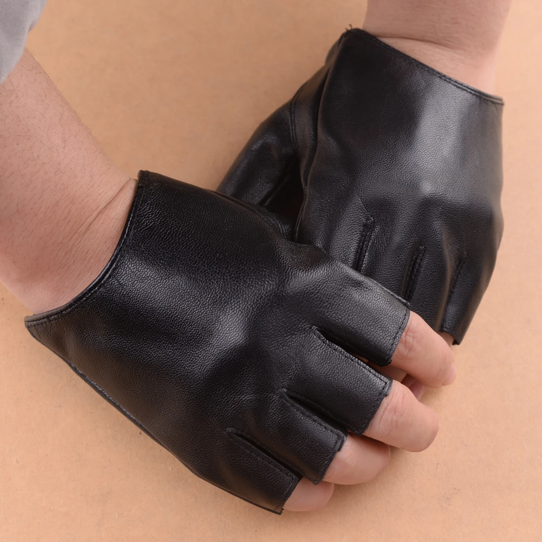Black Cool Sheepskin Fingerless Gloves Women Fashion Wrist Half Finger