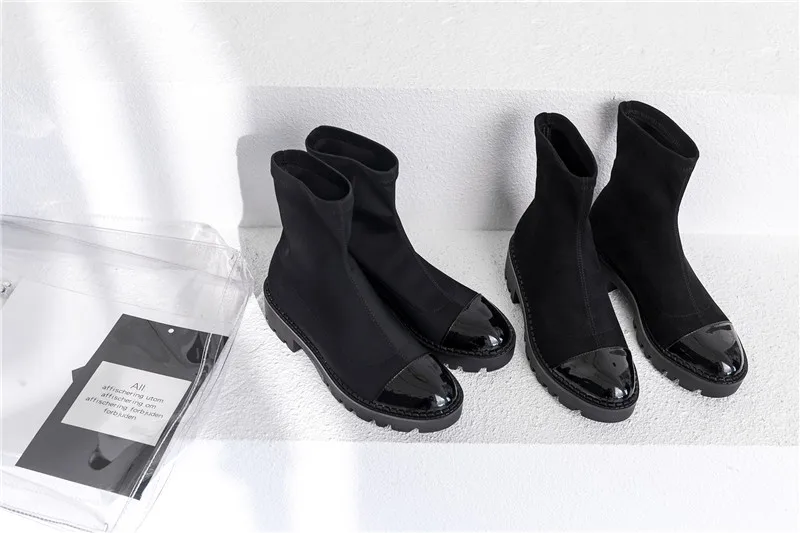 Black Automne Cuir Bottines Mode Zjvi Femmes Daim Fabric Chaussures En Stretch Plate forme 2019 Tissu Noires Verni suede Dames Bottes Femme wYRg0