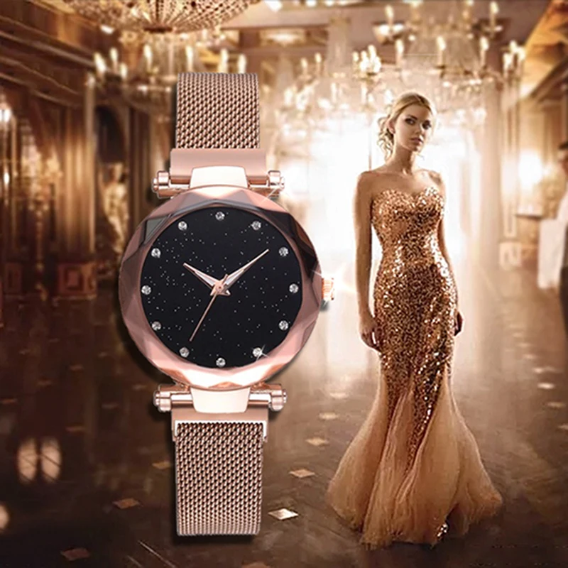 Роскошные розовое золото для женщин часы дамы Магнитная звездное небо мода алмаз женский кварцевые наручные часы relogio feminino