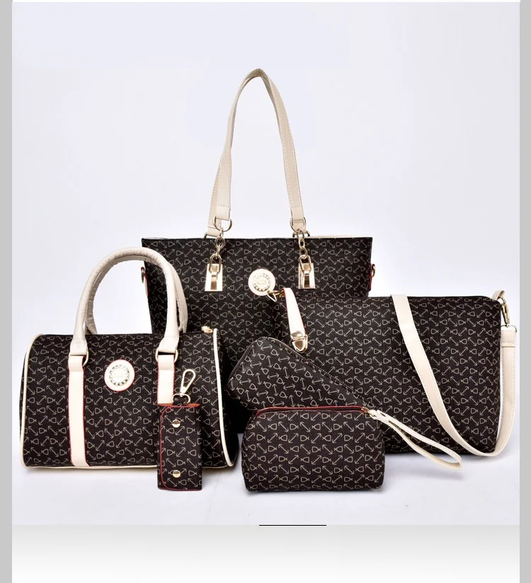 6 pcs lady set bag Women handbag with shoulder bag+Totes+clutch+key holder
