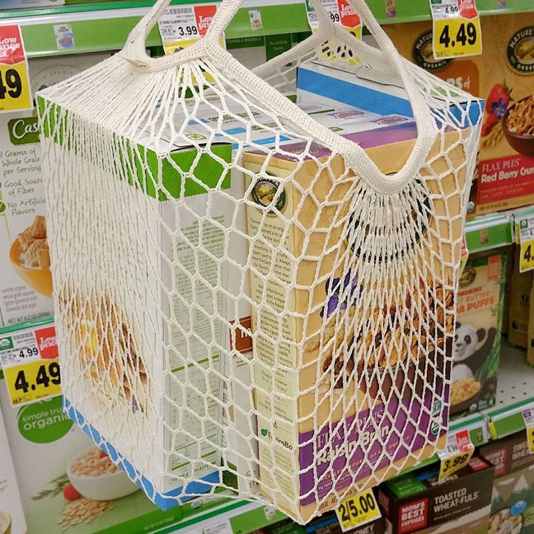 Newest Reusable Fruit String Grocery Cotton Tote Woven Net Shoulder Shopper Mesh Bag 5 Colors