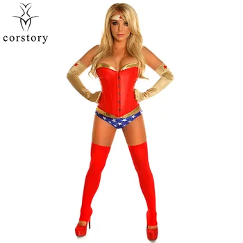 

Corstory Wonder Women Sexy Cosplay Included Red Faux Leather Corset&Gold Gloves&Headband&Blue Thong Halloween Superwoman Costume