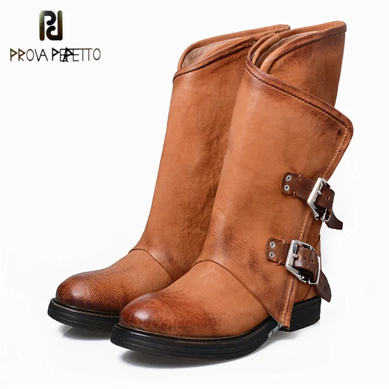 

Prova Perfetto 2018 Luxury Genuine Leather Low Heel Mid Boots Round Toe Thick Heel Comfortable Martin Boots Large size Keep Warm