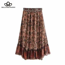 Wonder Винтаж цветочным принтом низ плиссированные оборками Лоскутная юбка миди faldas mujer женские с эластичной талией повседневные юбки