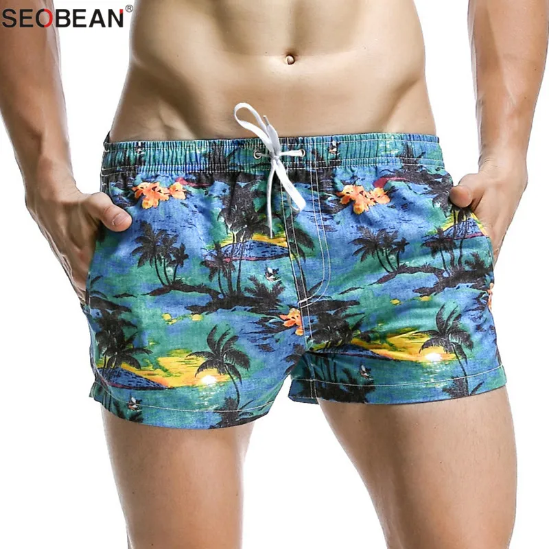 SEOBEAN Summer Style Seaside Men Beach Shorts Men Quick Dry Polyester Fabrics Beachwear Men's Board Shorts Trunks Print Shorts 2