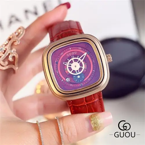GUOU, новые женские часы, модные, с кожаным ремешком, водонепроницаемые, женские часы, персональный календарь, квадратные часы для женщин, orologi donna - Цвет: red