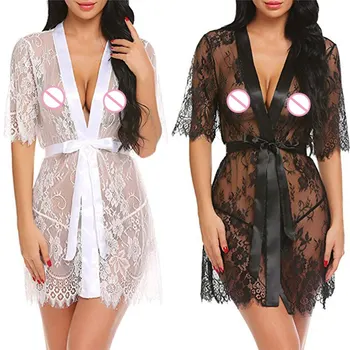 

With Belt Sexy Half Sleeve See Through Robes Women Short Lace Kimono Robe Black White Bathrobe Gowns + Thongs Set