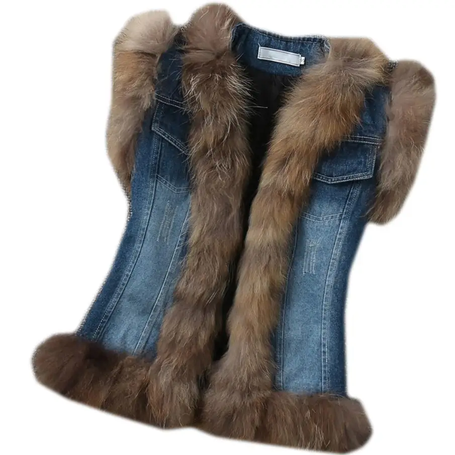 Женский джинсовый жилет с воротником из меха енота эксклюзивная куртка