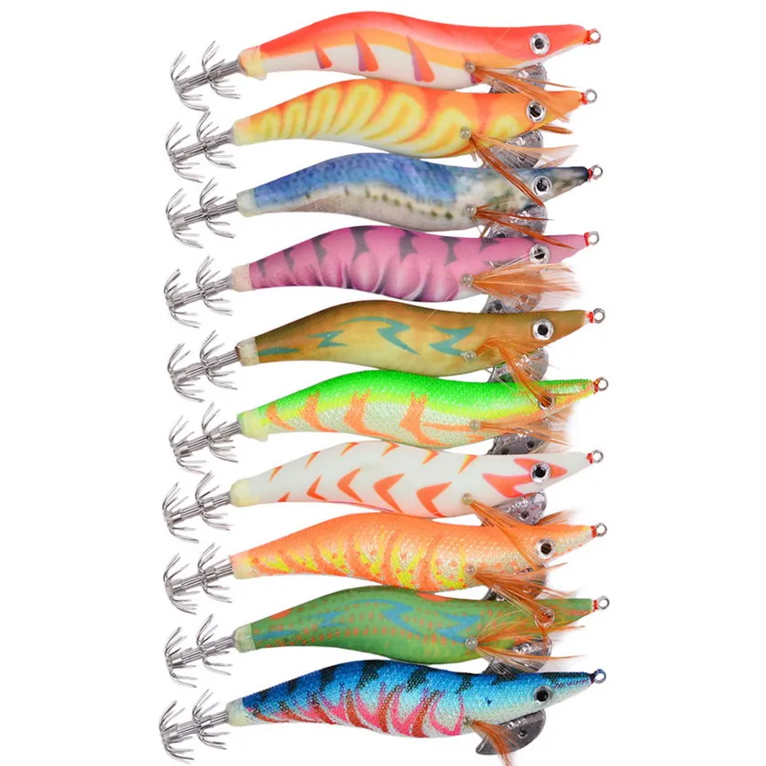 10Pcs Fishing Lure Squid Jigs 3.0# 3.5# Hook Wooden Shrimp Artificial Fishing Lures Wood Shrimp Fishing Bait