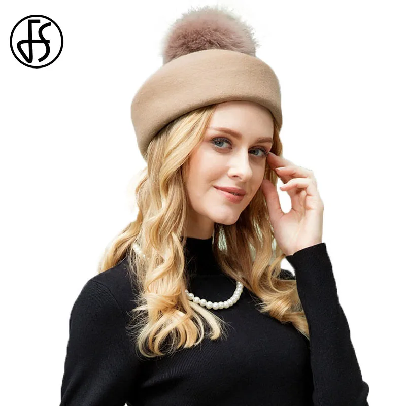 FS Winter Wool Women Hats Felt Fedora Khaki Elegant Pom Poms Pillbox