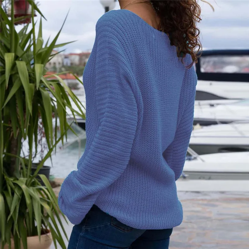 Womens Casual Long Sleeve Jumper V Neck Sweaters Blouse Tops Loose knit pullover sweater women winter clothing 2018 N06#N (2)